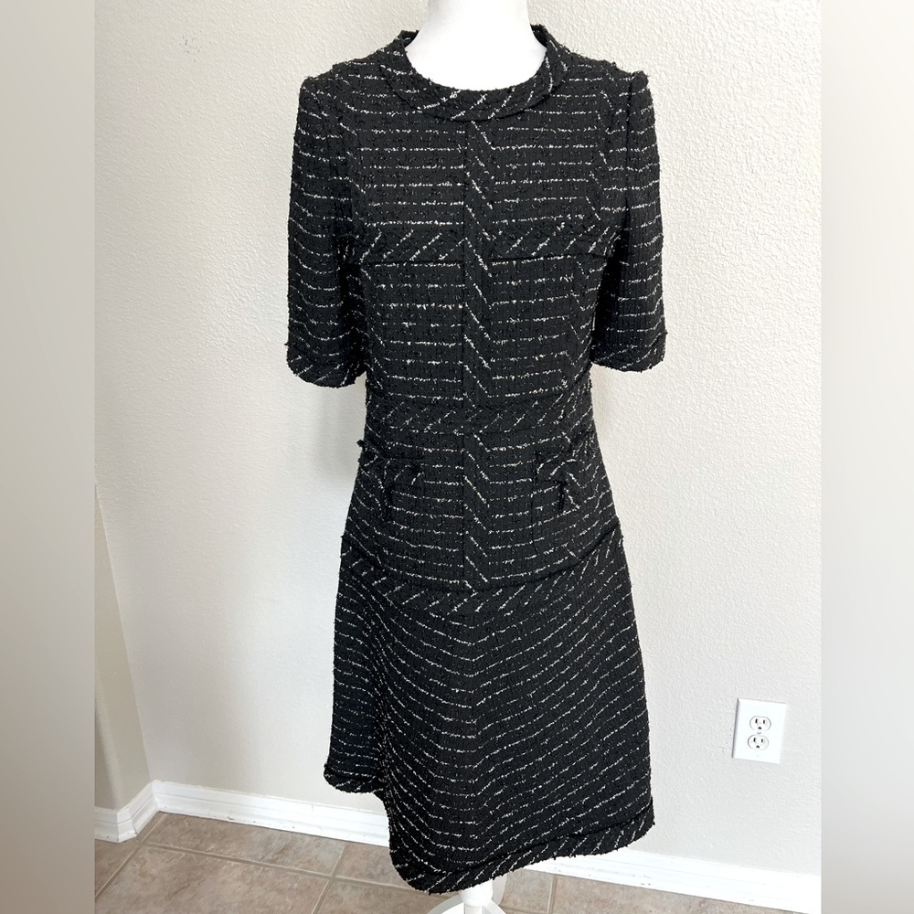 Teri Jon for Rickie Freeman sz 6 black silver s/s boucle tweed metallic dress